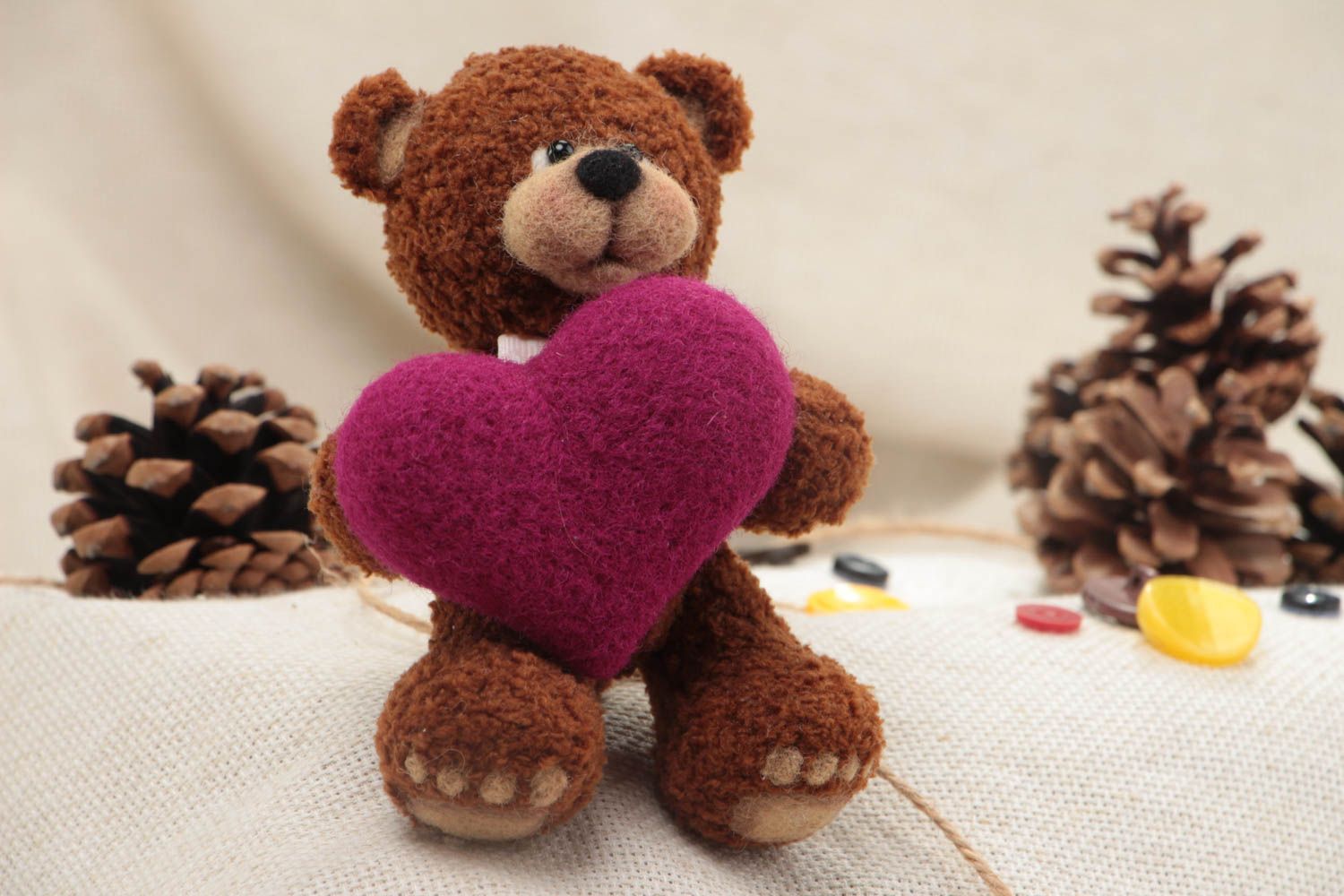 Soft crocheted interior toy brown cute bear with heart handmade interior decor photo 1
