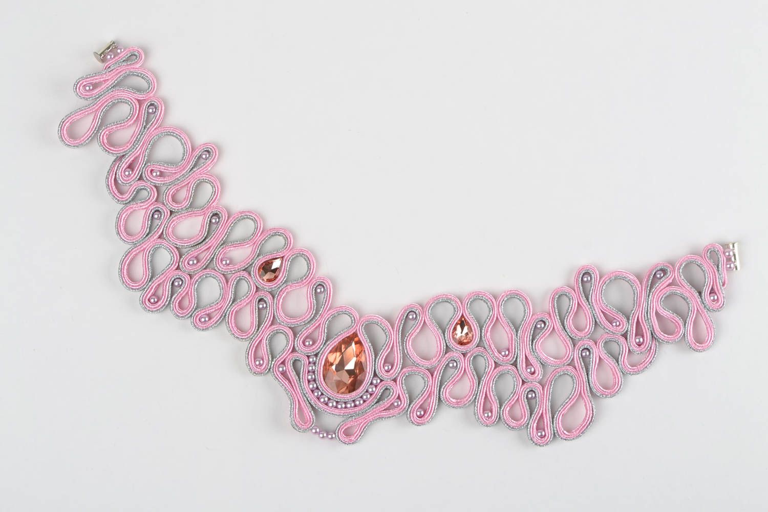 Soutache necklace with rivoli beads handmade pink beautiful accessory East  photo 4