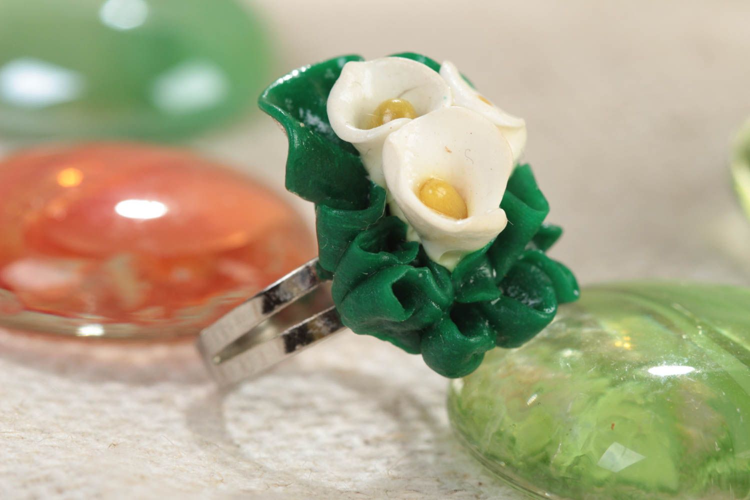Handmade jewelry ring on metal basis with polymer clay white calla lily flowers photo 1