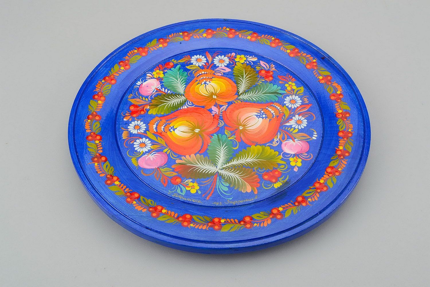 Assiette décorative en bois bleue Pivoines en fleurs photo 3
