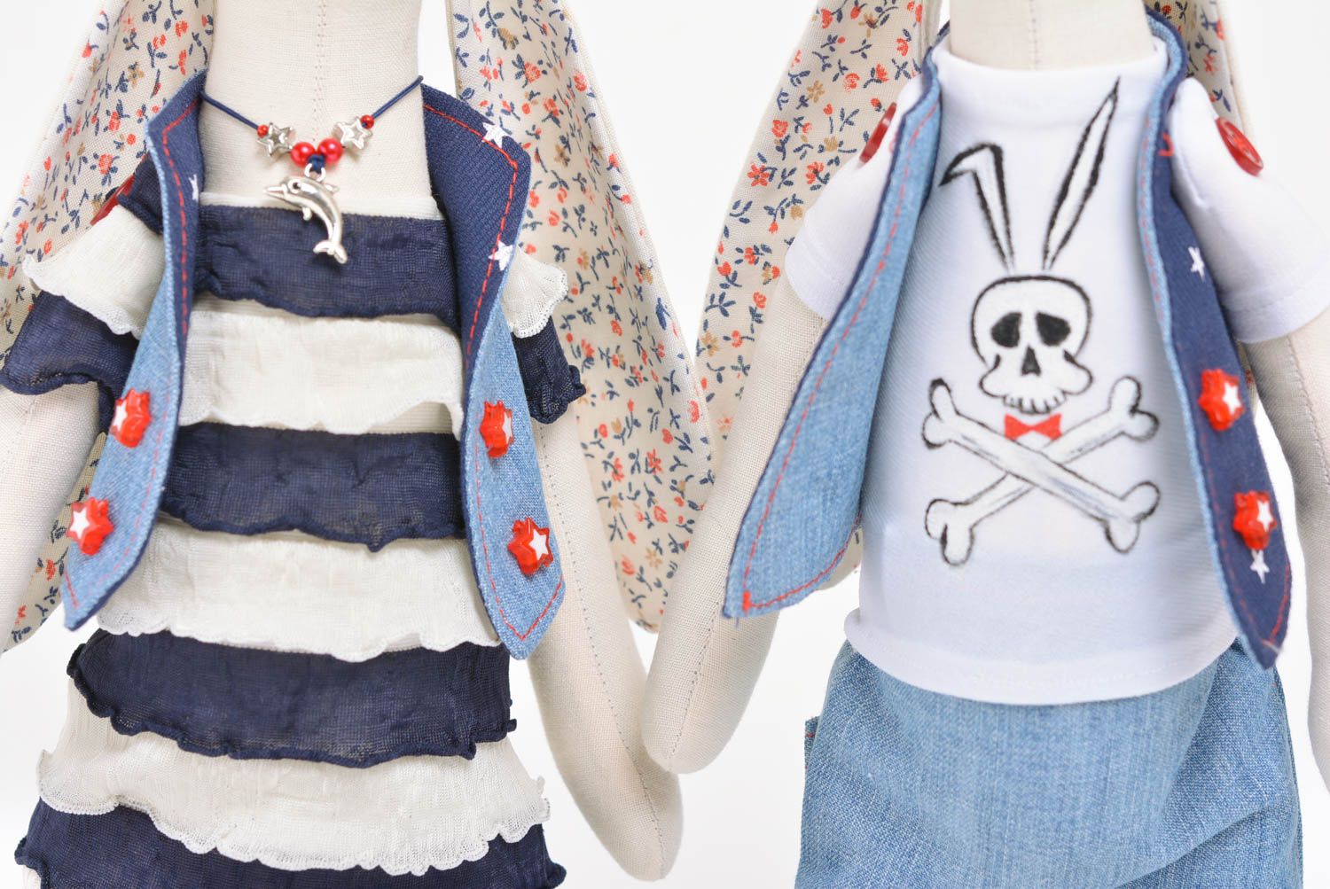 Set of 2 handmade designer cotton and denim soft toys rabbits boy and girl photo 3