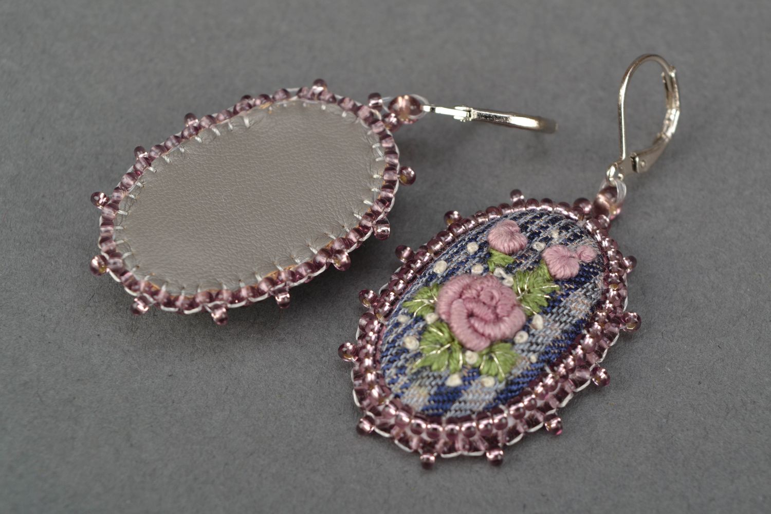 Handmade dangle earrings with embroidery photo 3