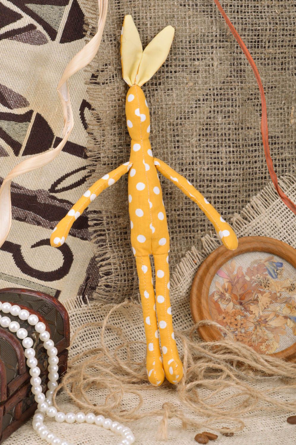 Handmade soft toy long rabbit yellow with white polka dots made of cotton fabric  photo 1