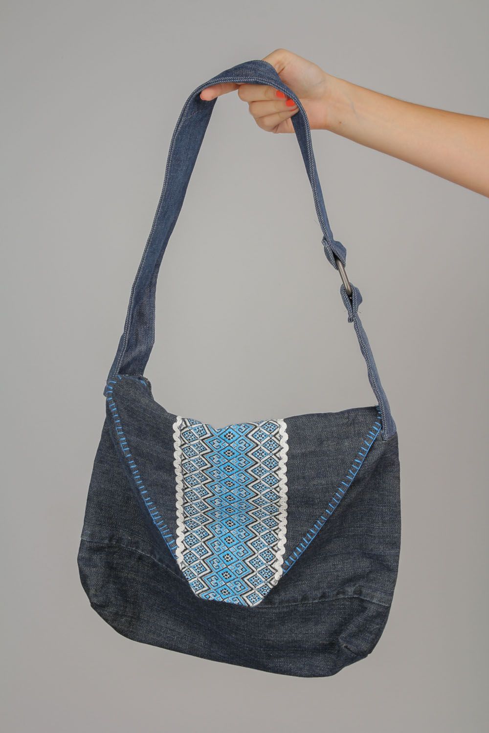 Gros sac à épaule en jean Ornementé fait main bleu original pour femme photo 2