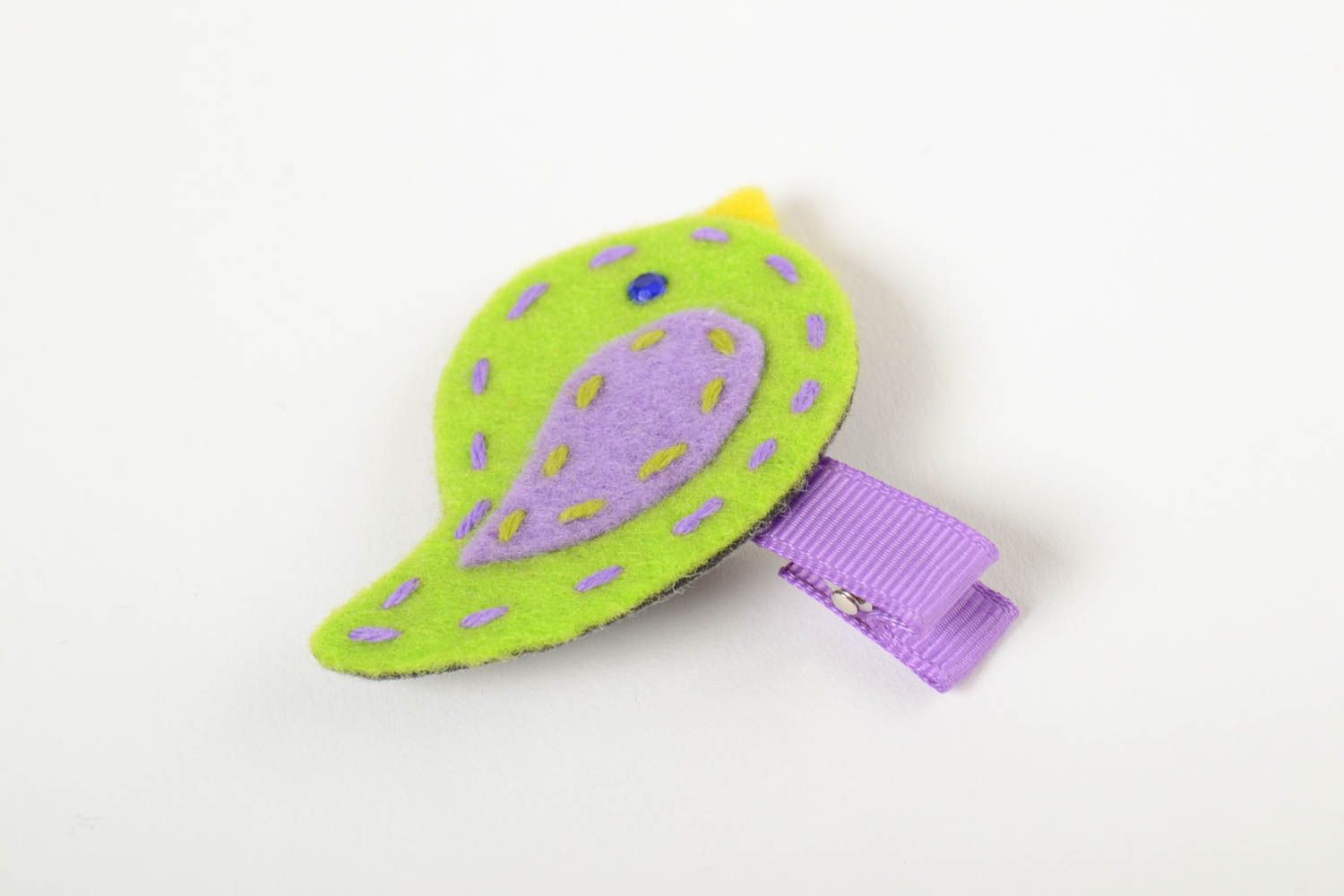 Green handmade small children's fabric hair clip in the shape of bird photo 4