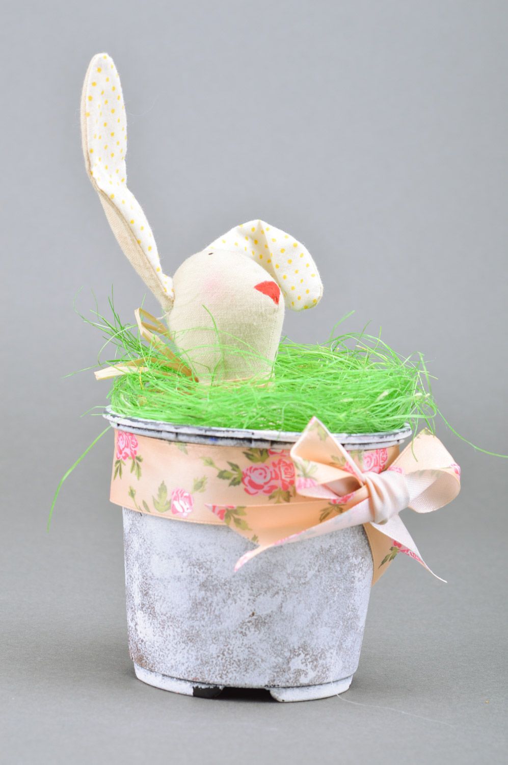 Handmade white Easter rabbit soft toy in pot with green sisal and bow  photo 5