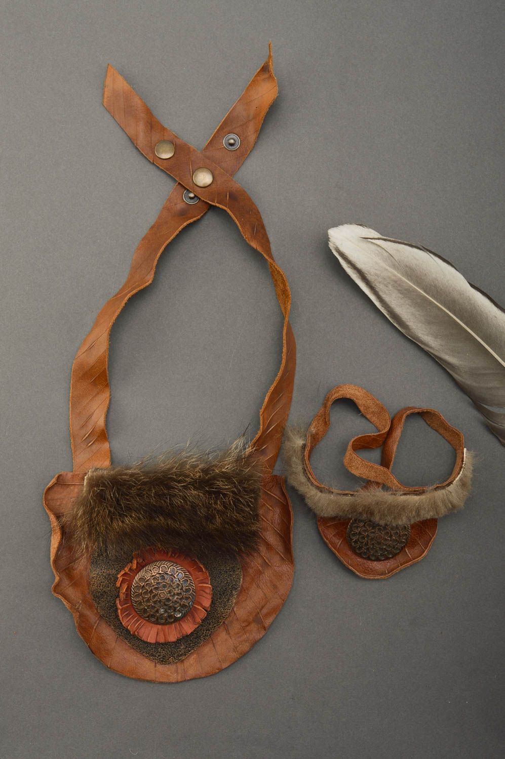 Handmade Schmuck Set Collier Halskette aus leder breites Lederarmband in Braun foto 1