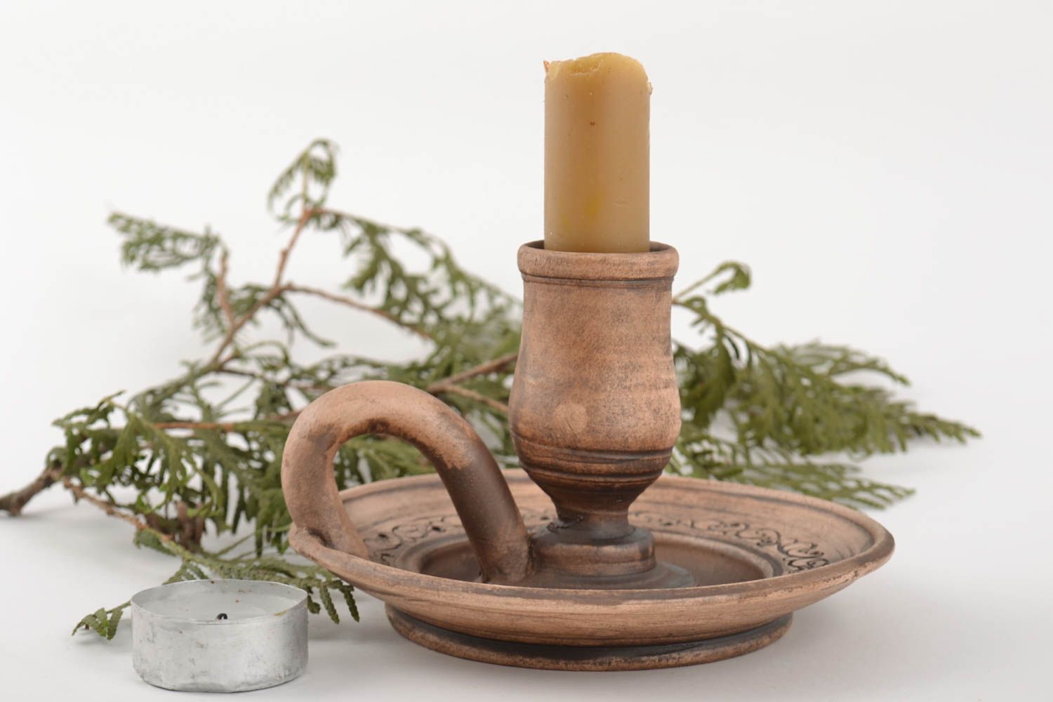 Clay candlestick with handle pottery art handmade brown interior candle holder  photo 1