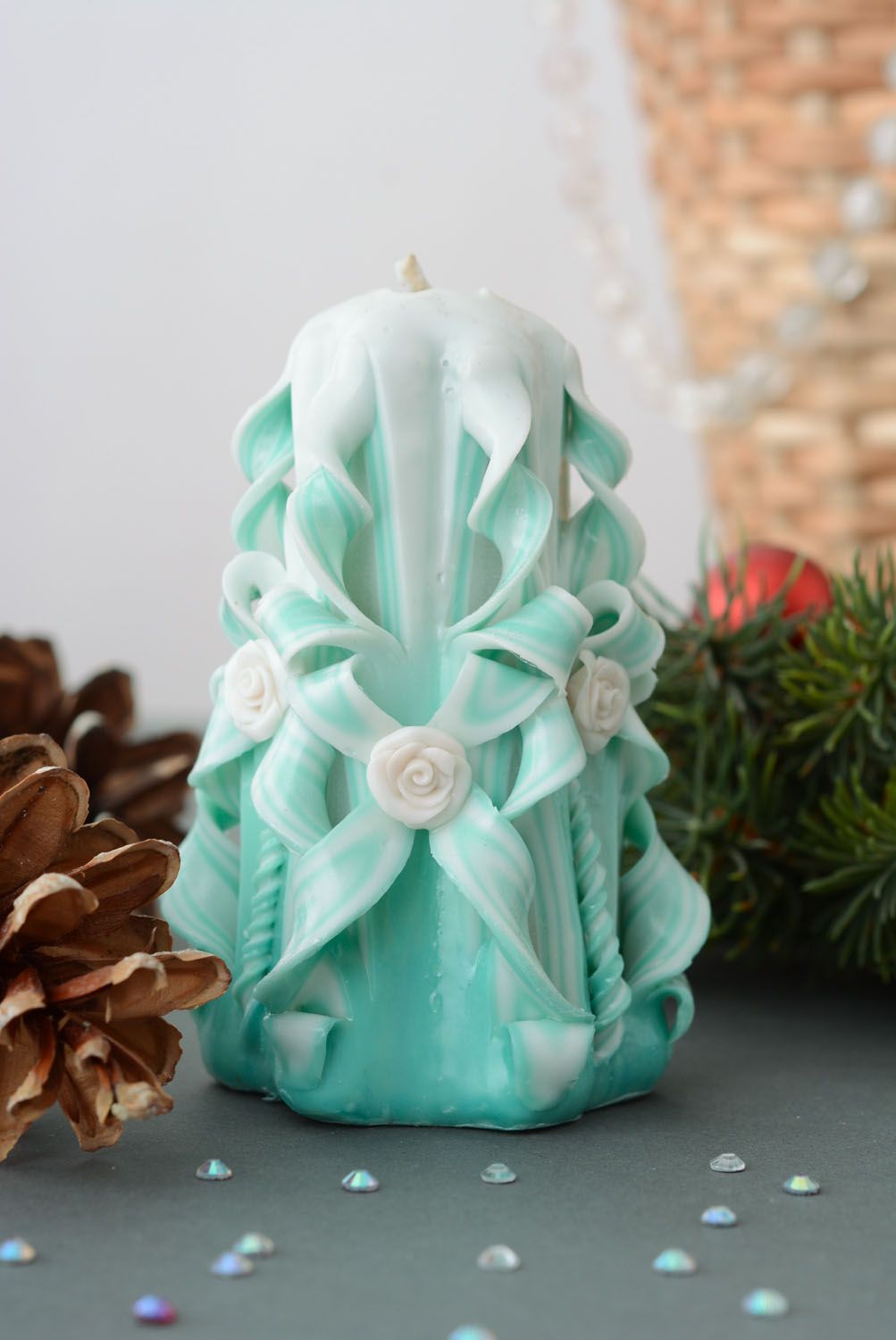 Carved candle of mint color photo 1