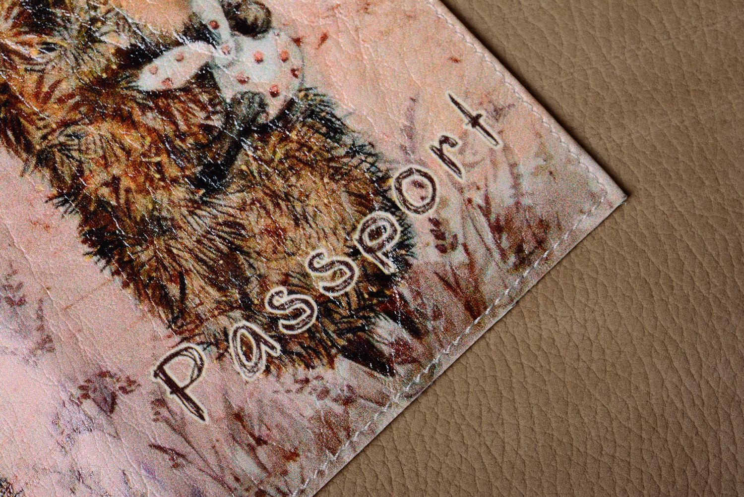 Homemade artificial leather passport cover with print Hedgehog photo 3
