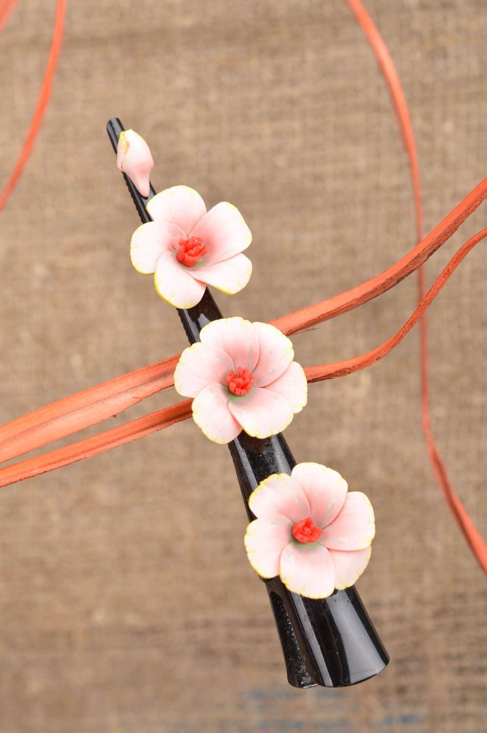 Handmade large metal hair clip with tender polymer clay pink sakura flowers photo 1