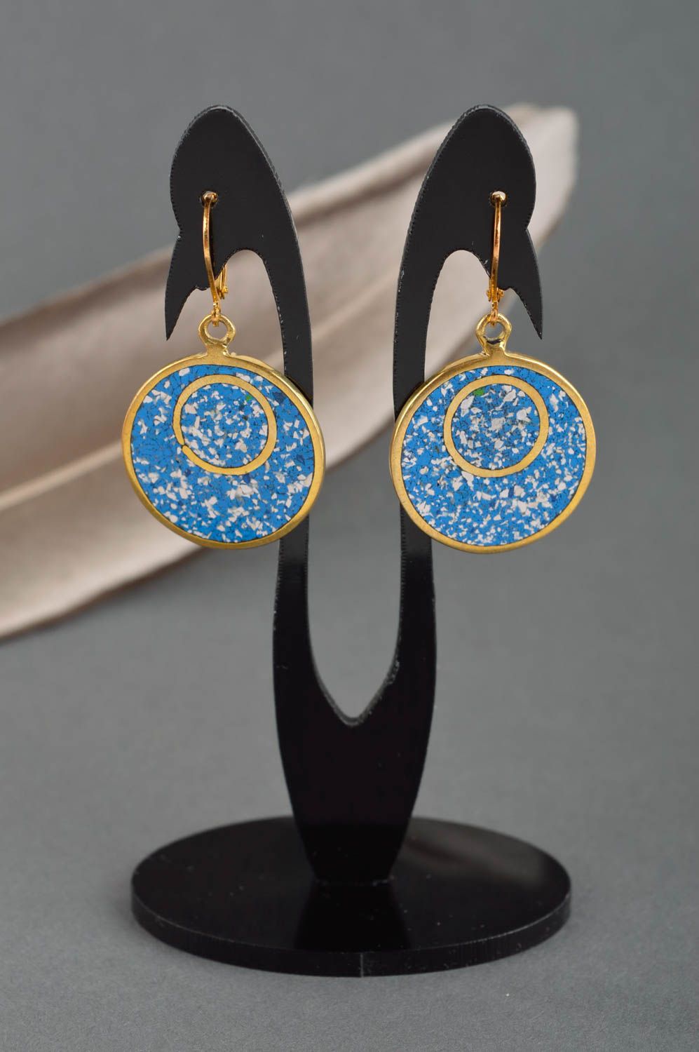 Handmade brass stylish earrings unusual female jewelry cute blue earrings photo 1
