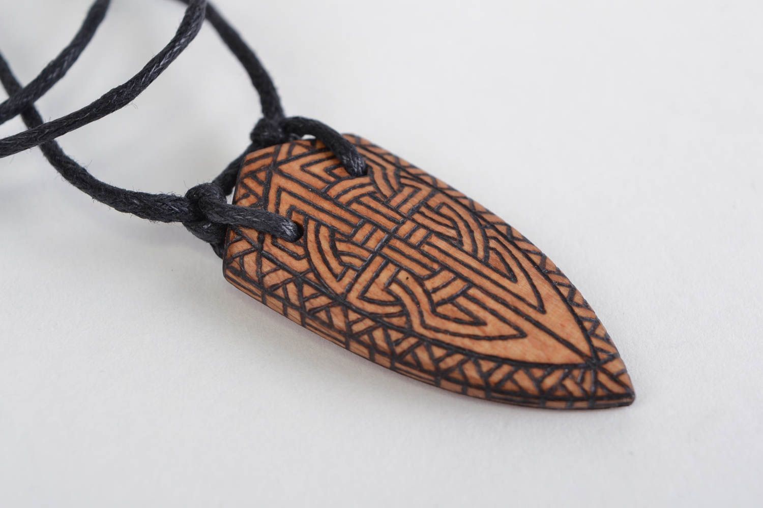 Handmade unisex design wooden neck pendant with pyrography on cord photo 4
