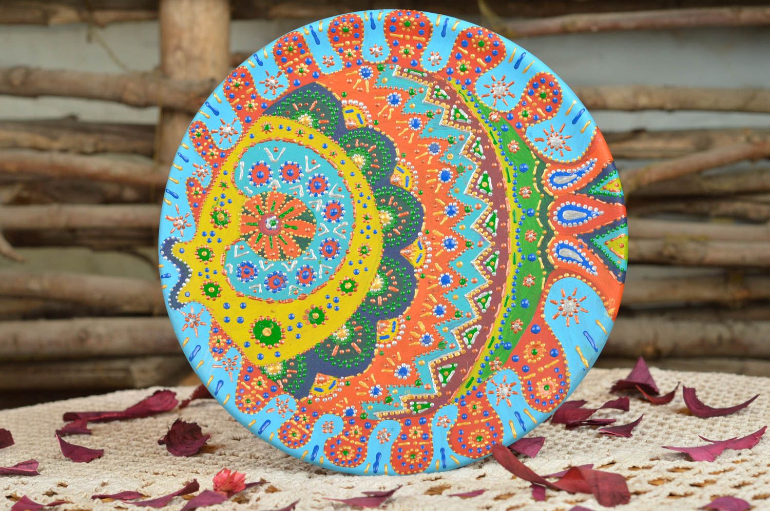 Unusual handmade ceramic wall plate with acrylic painting for home decor photo 1
