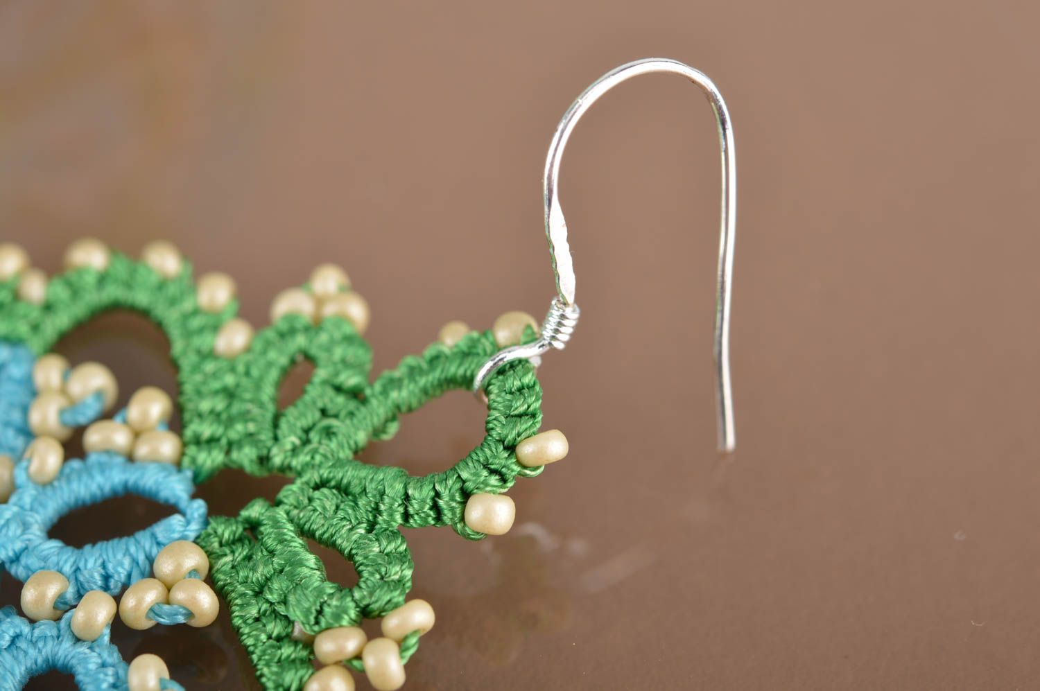 Handmade large lace drop tatted earrings woven of green and blue satin threads photo 4