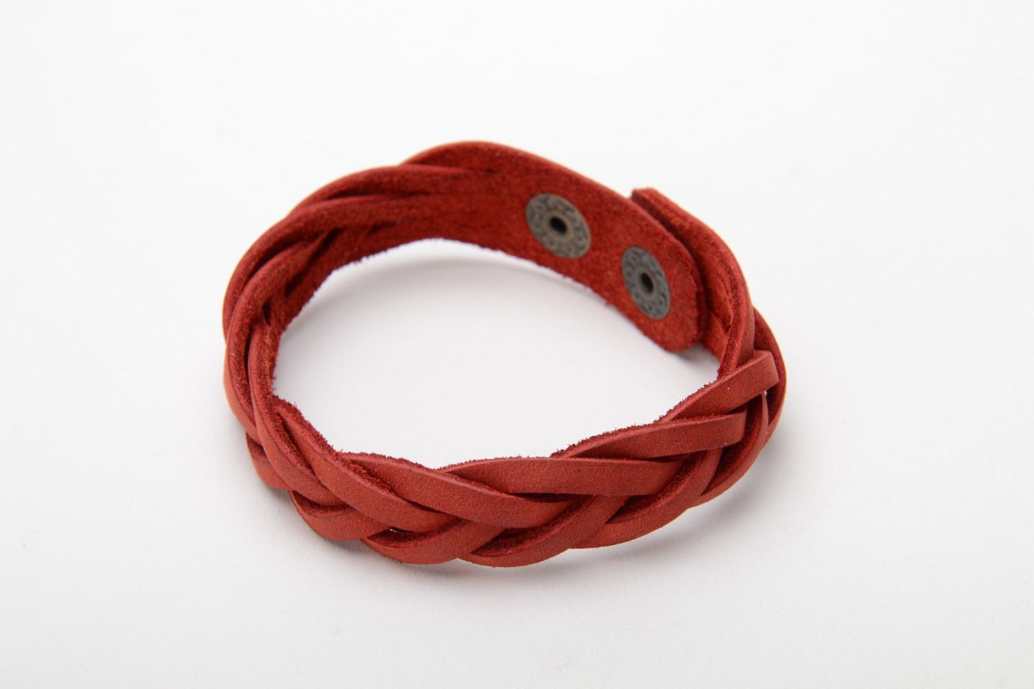 Thin elegant handmade wrist bracelet woven of red genuine leather for women photo 3