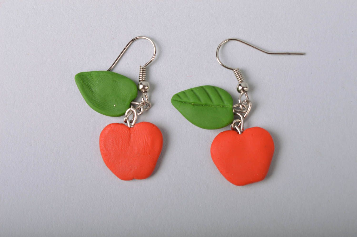 Handmade designer long dangle earrings with cold porcelain red apples photo 2