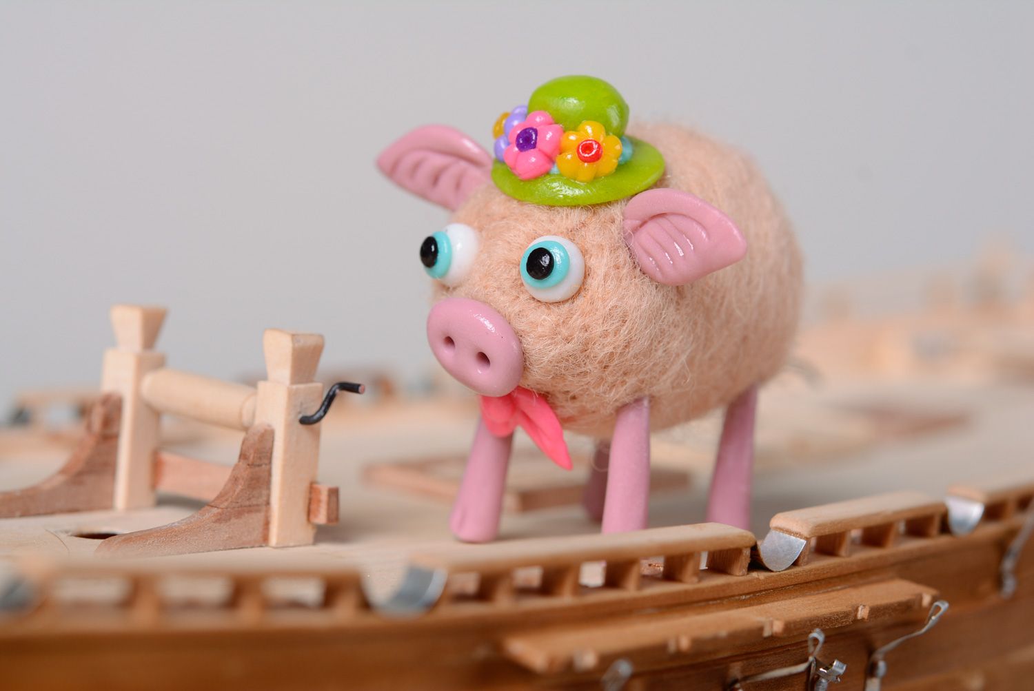 Wool felted handmade miniature toy Pig photo 1