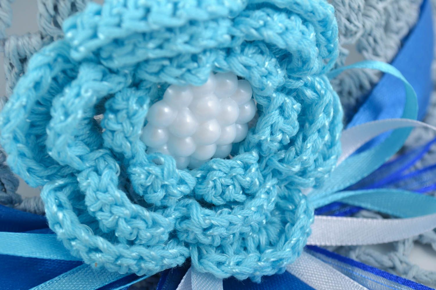 Handmade cotton crocheted lacy light summer hat with blue ribbon for women photo 2