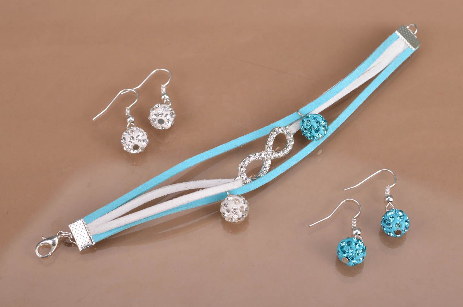 Handmade designer jewelry set beaded earrings 2 pairs and suede cord bracelet photo 2