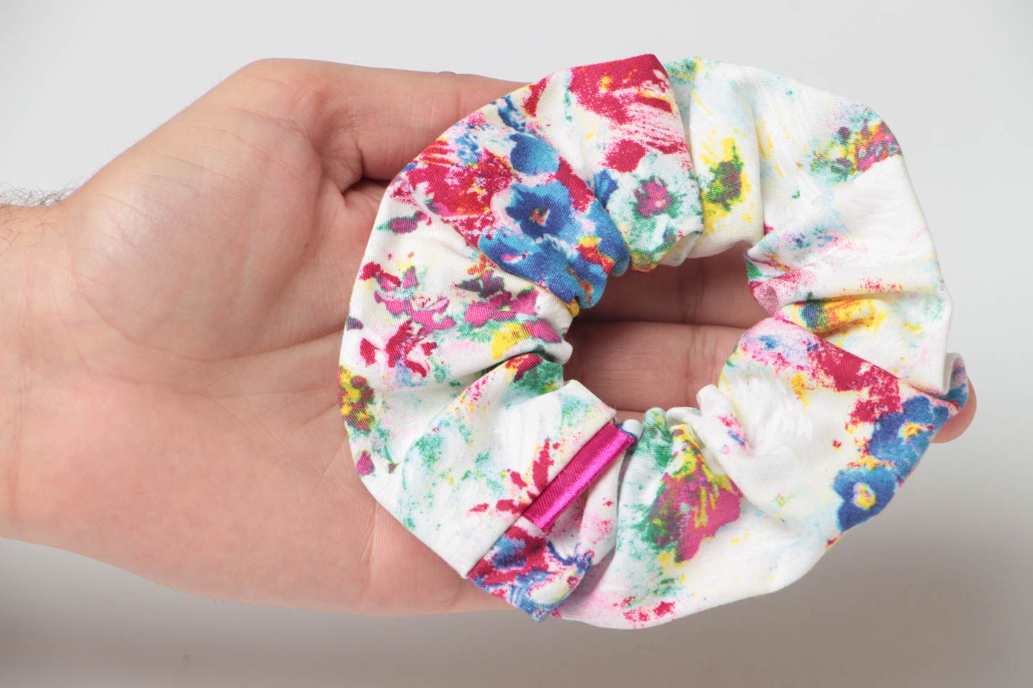 Decorative wide handmade volume elastic hair tie sewn of colorful fabric photo 5