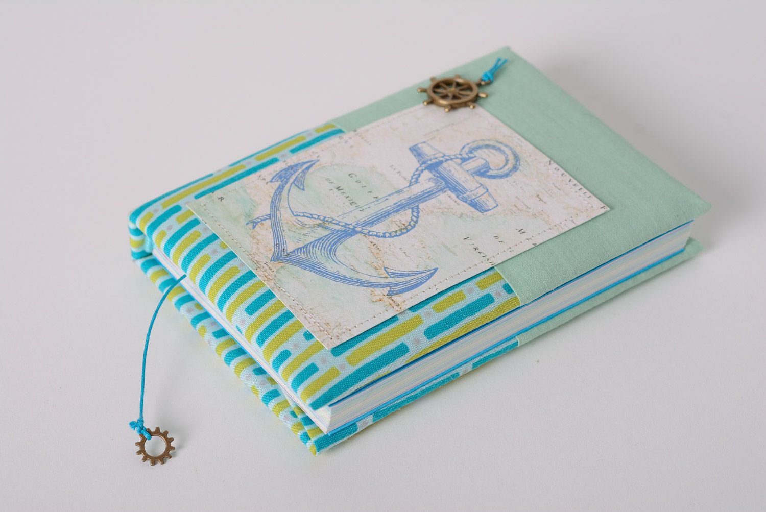 Blue handmade notebook with fabric cover and bookmark in marine style photo 1