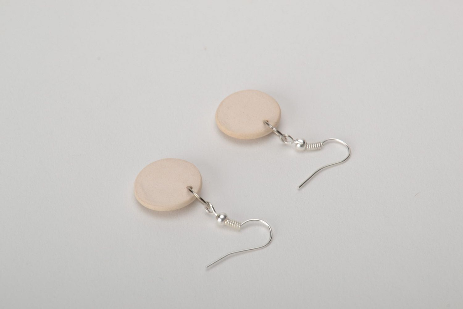 Light beige women's handmade clay round earrings painted with enamels photo 4