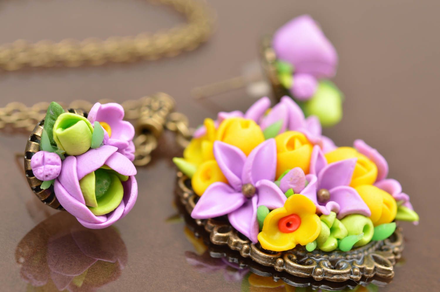 Set of handmade bright floral polymer clay jewelry necklace and stud earrings photo 4