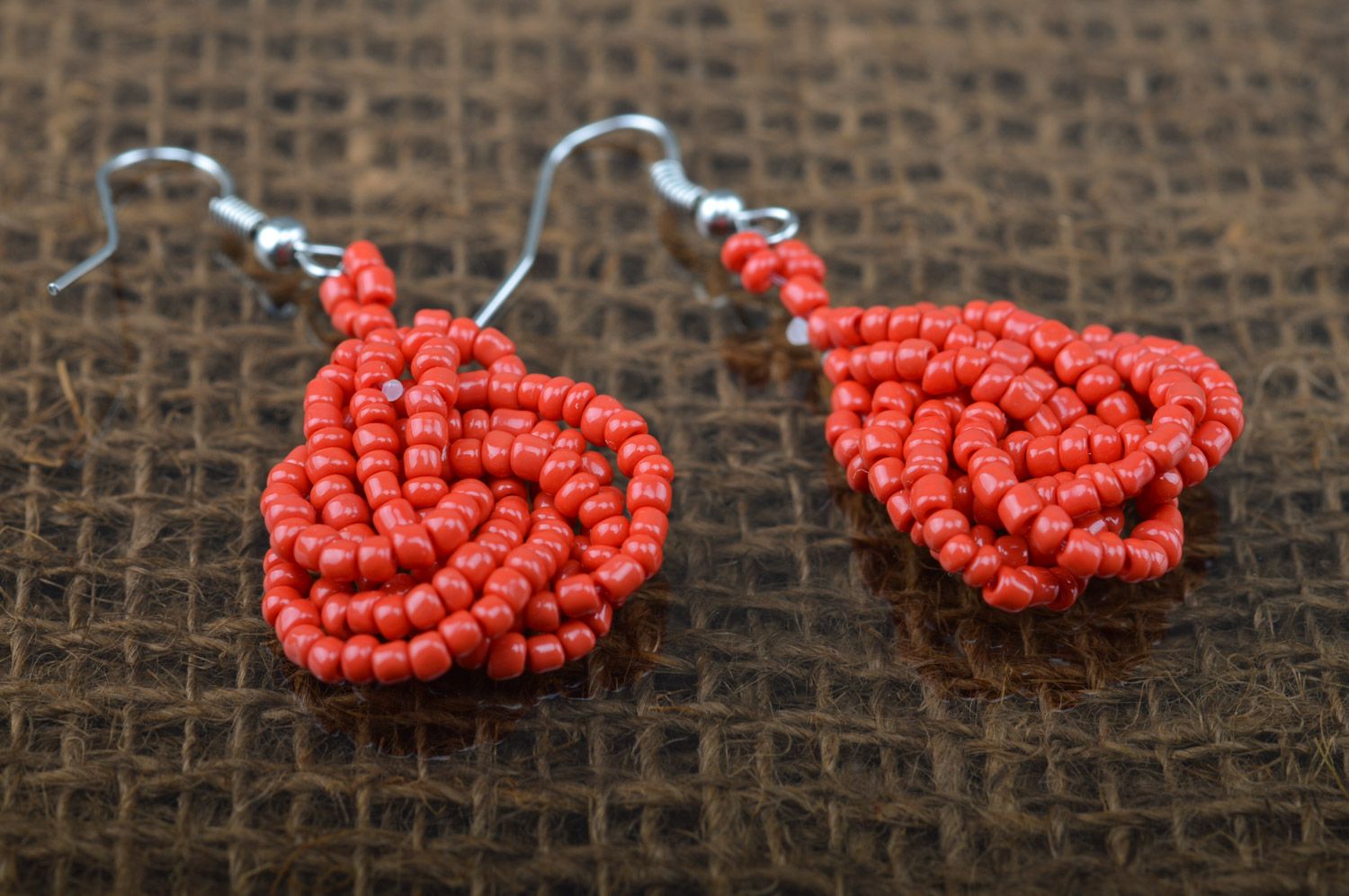 Handmade festive dangle earrings woven of Czech beads of red color photo 2
