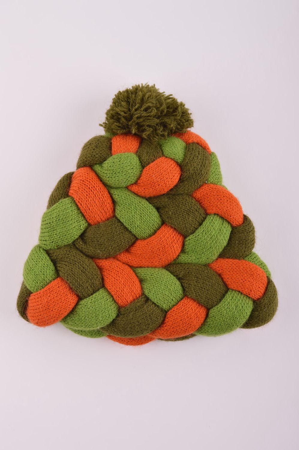 Bonnet tricoté fait main Bonnet original vert-orange pompon Accessoire femme photo 4