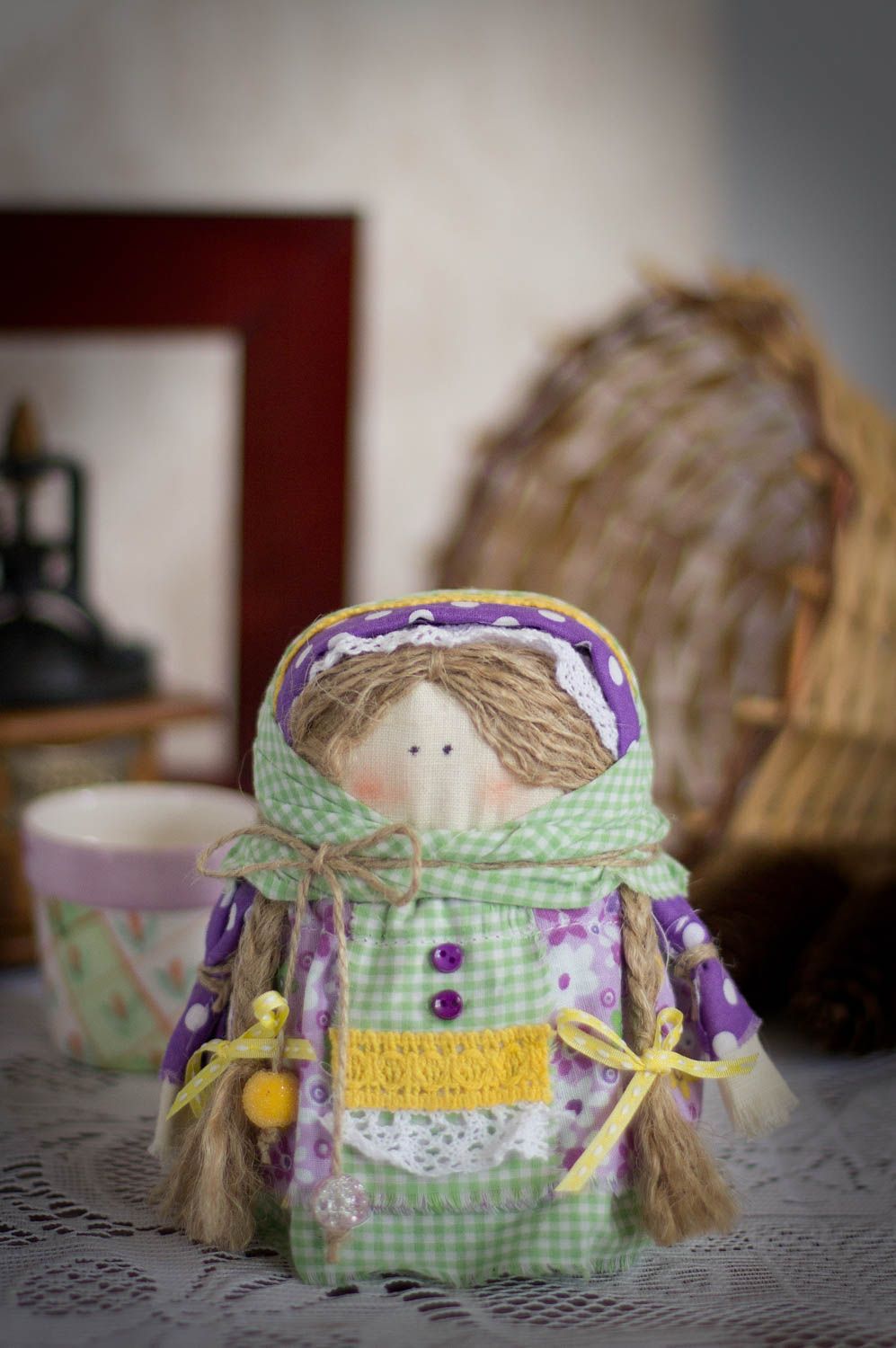 Handmade decorative beautiful folk doll amulet made of natural fabrics  photo 1