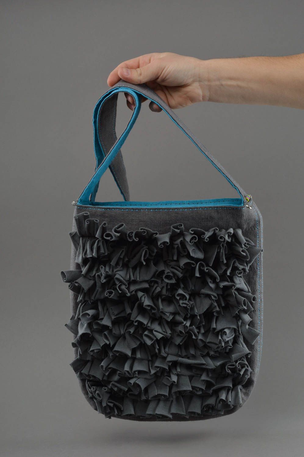 Unusual beautiful handmade designer linen fabric shoulder bag dark gray photo 4