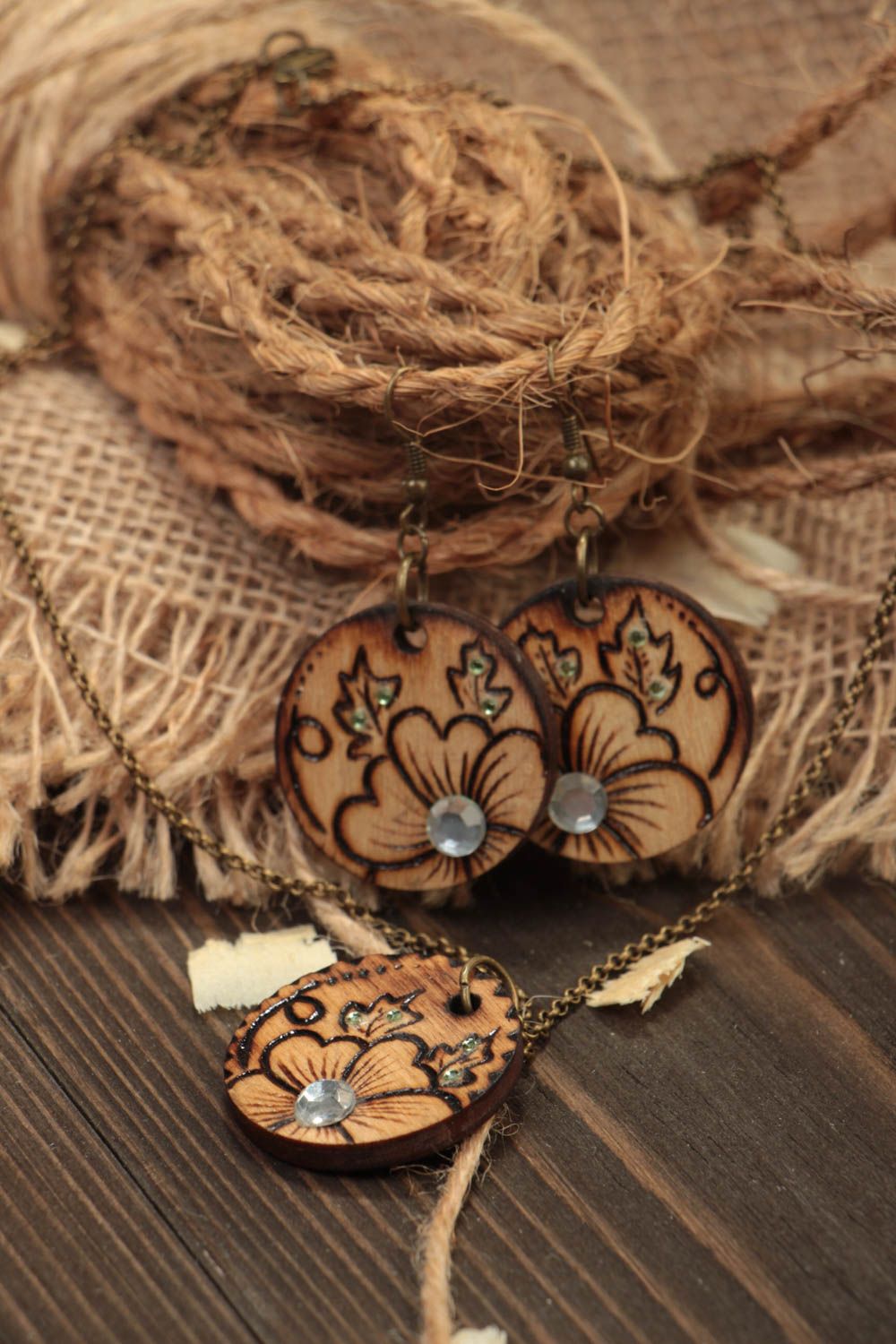 Handmade ethnic accessories wooden earrings wood pendant on chain wooden jewelry photo 1