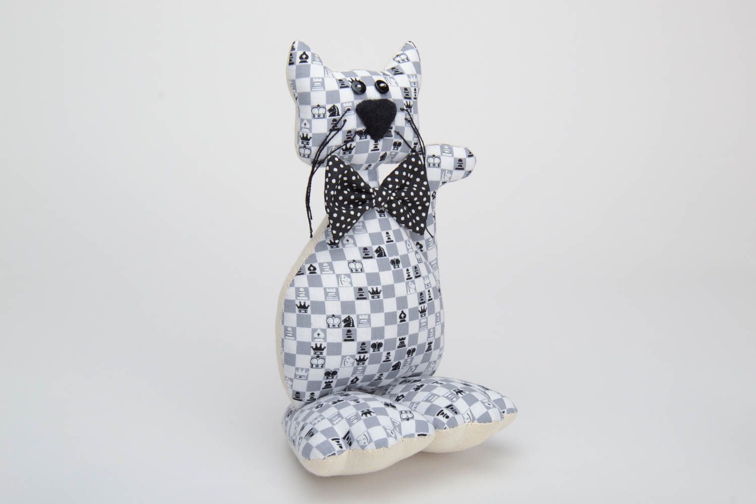 Handmade designer black and white cotton soft toy cat with polka dot bow tie photo 2