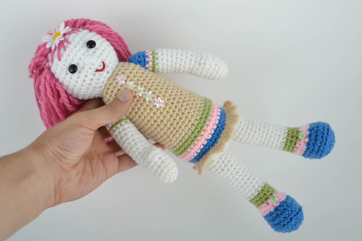 Handmade designer soft toy crocheted of wool and semi wool girl with pink hair photo 3