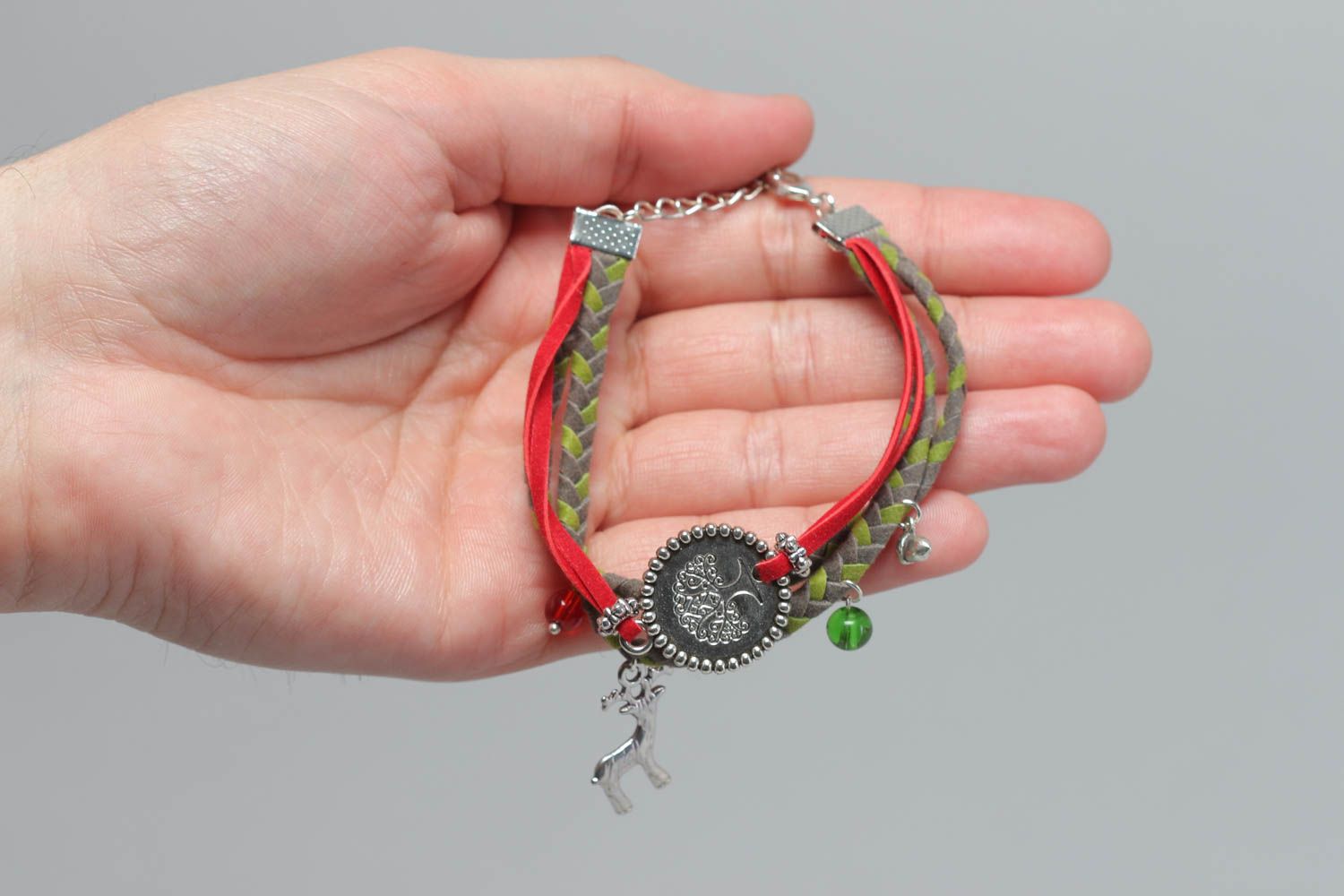 Handmade bracelet with charms woven leather accessory thin beautiful jewelry photo 5