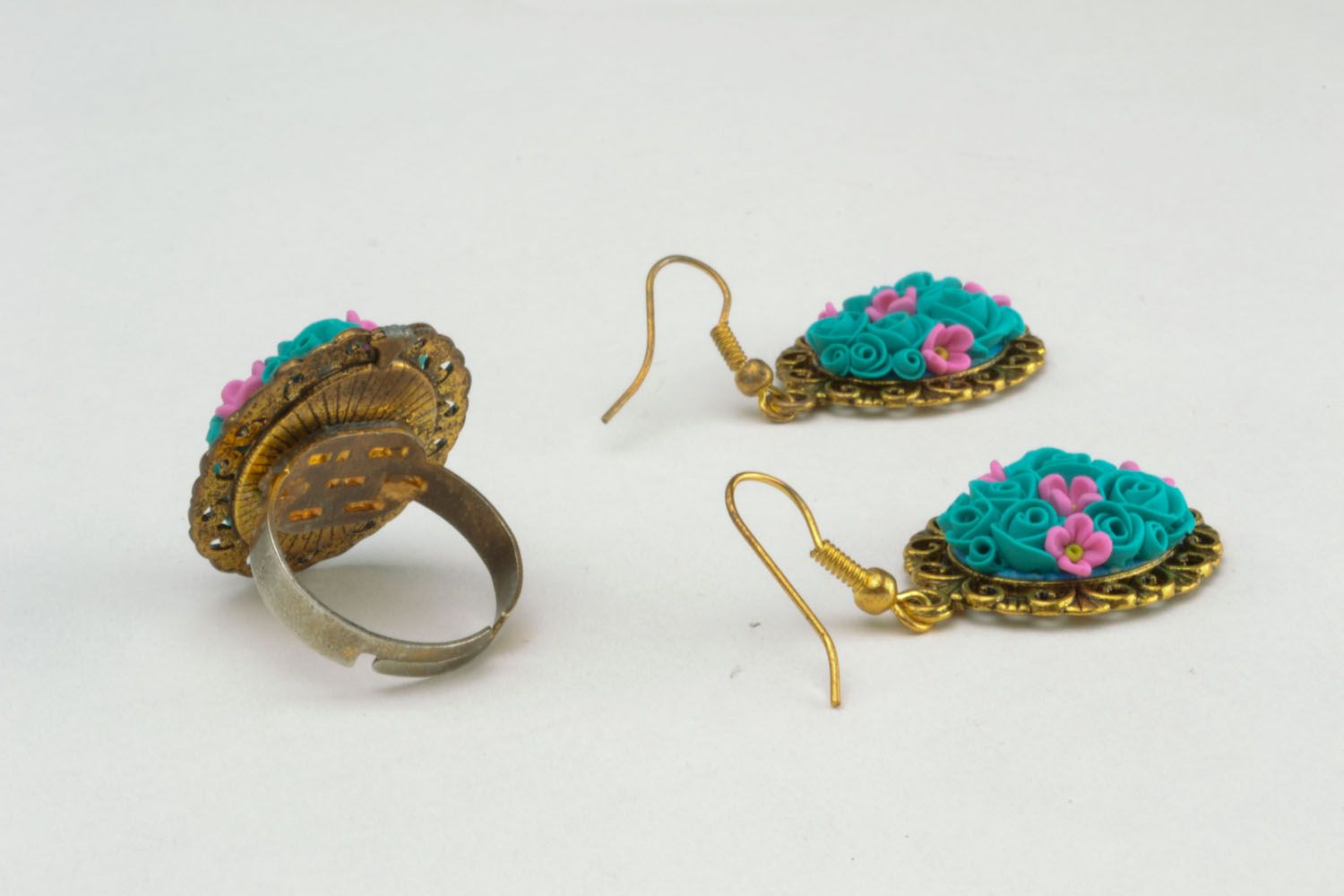 Vintage polymer clay ring and earrings photo 4