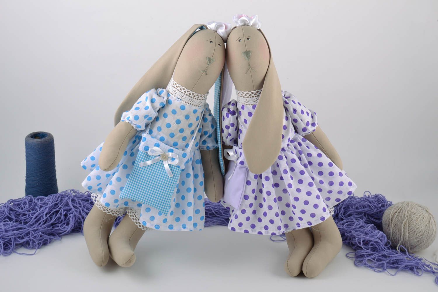 Set of 2 handmade natural fabric soft toys rabbits girls in polka dot dresses photo 1