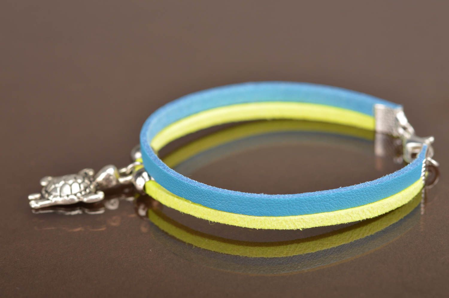 Handmade yellow and blue genuine leather and suede wrist bracelet with charm photo 3