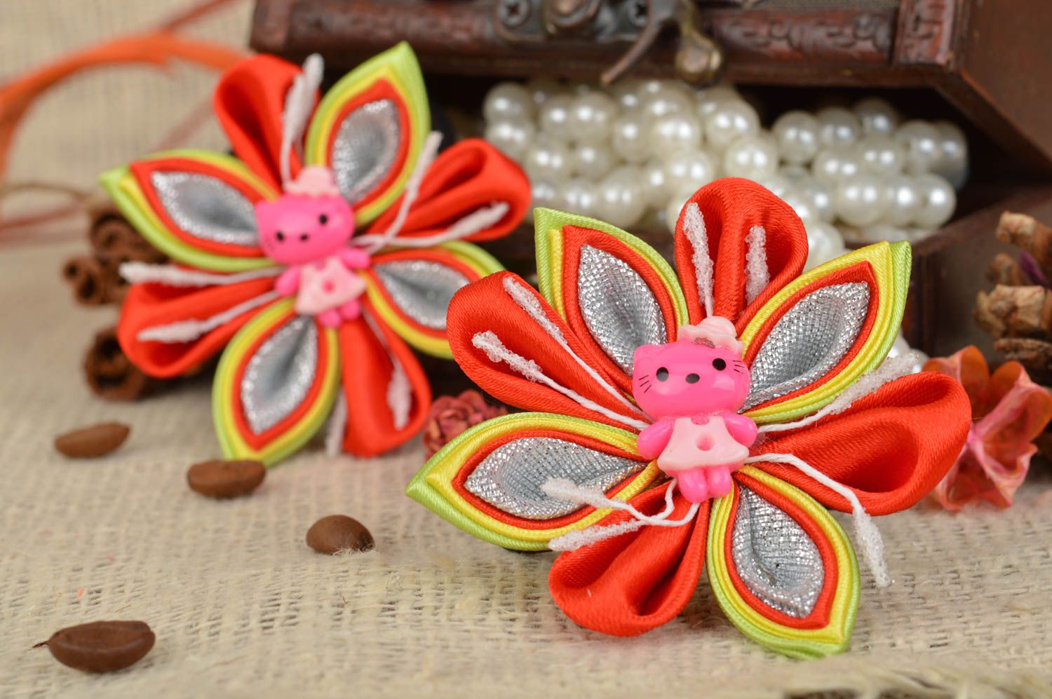 Set of 2 handmade decorative children's hair ties with colorful flowers photo 1