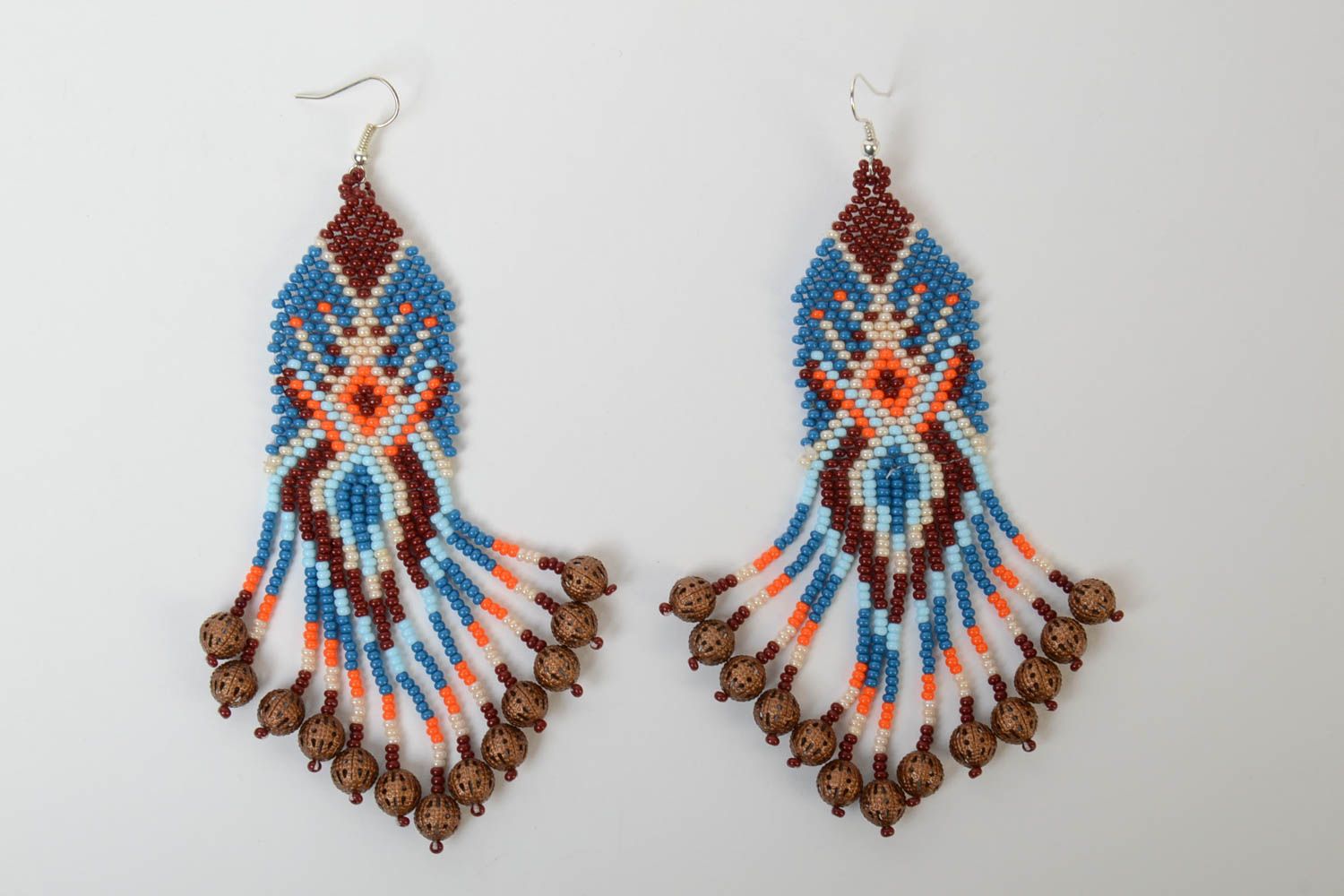 Large handmade designer long earrings with beaded fringe and ornament in ethnic style photo 5