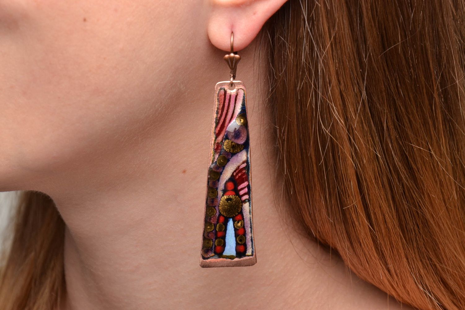 Enamel painted long copper earrings photo 2