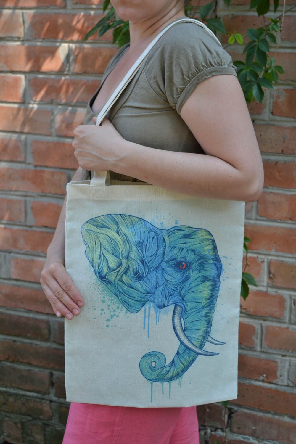 Female handmade unusual beautiful textile bag with print elephant photo 1