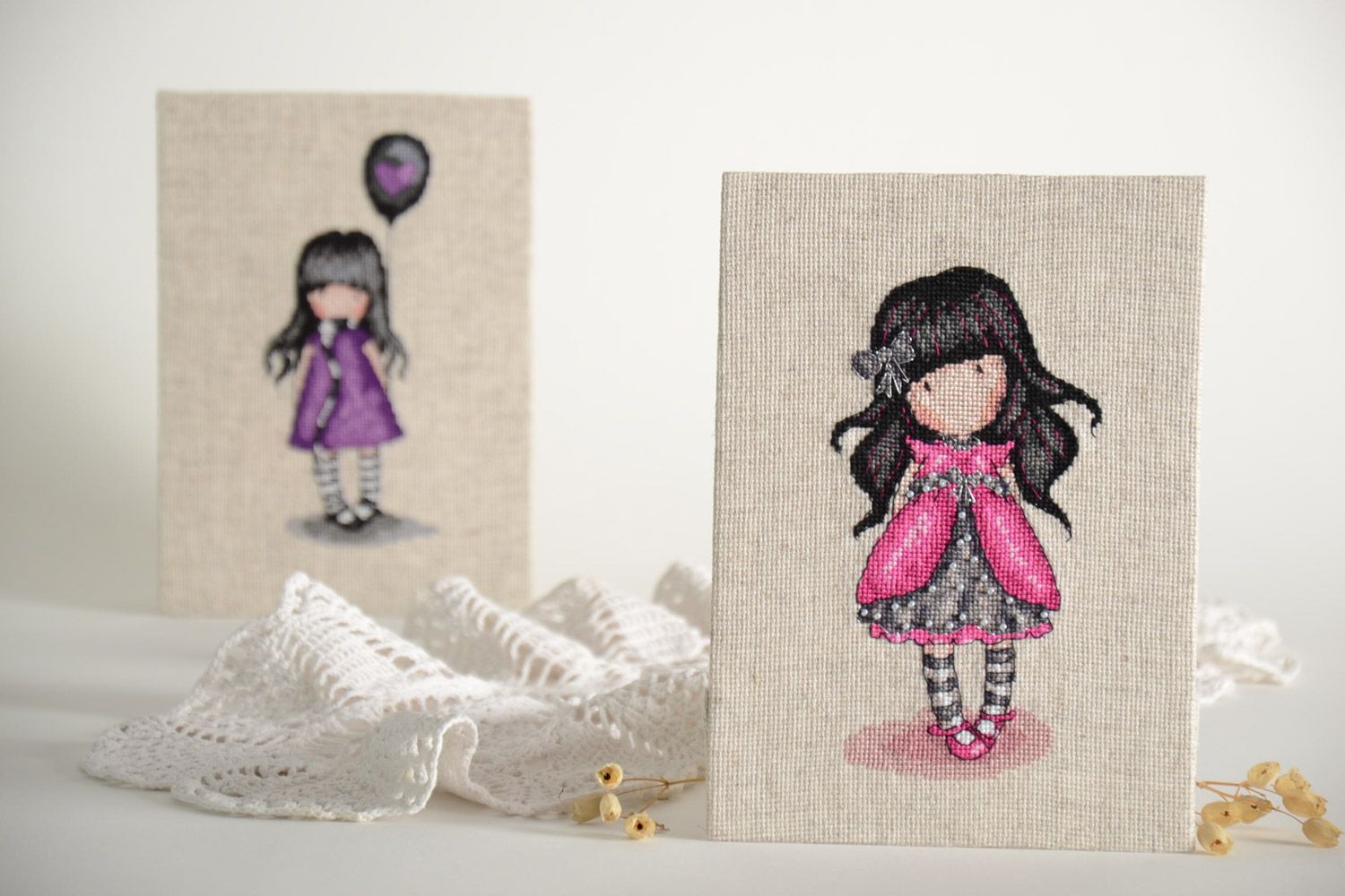 Handmade picture embroidered on linen canvas Girl in Dress for interior decoration photo 1