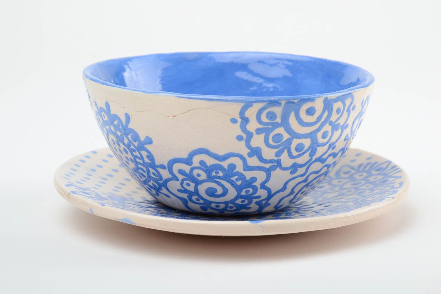 Juego de vajilla cerámica artesanal escudilla para sopa y platillo blanquiazules  foto 3