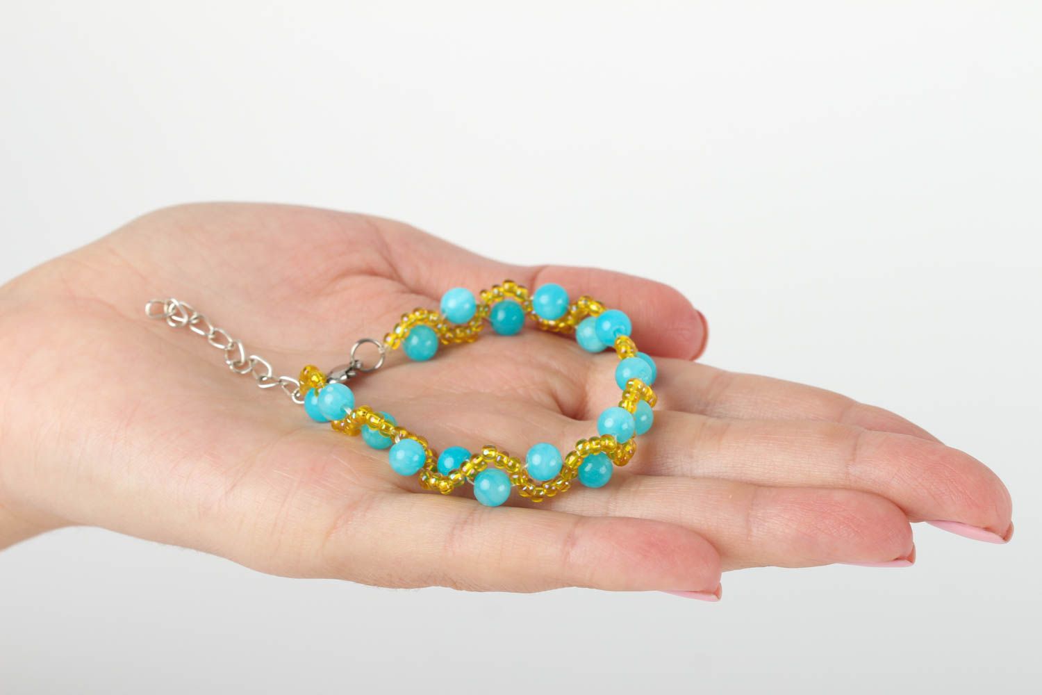 Turquoise and gold stone beads bracelet on-chain for young girls photo 5