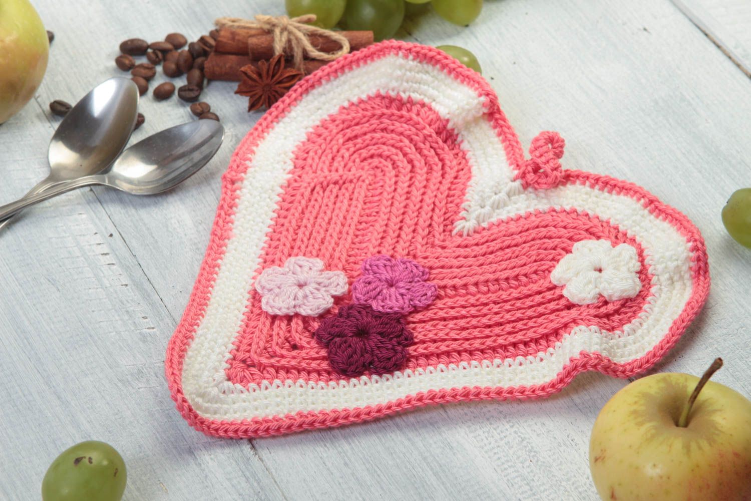 Manique au crochet faire main Textile de cuisine coeur rose Accessoire cuisine photo 1