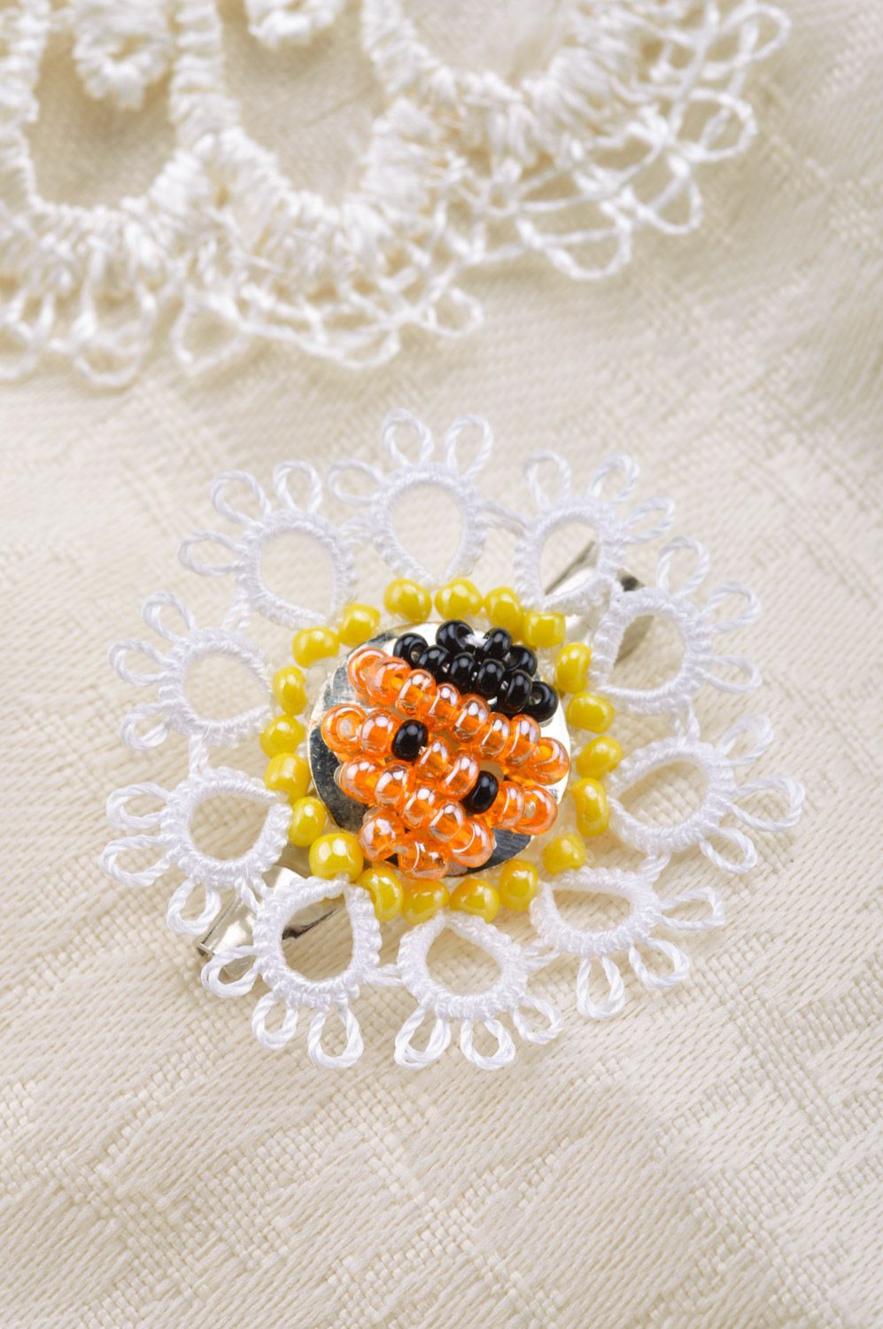 Handmade women's woven tatting brooch with beads of white color photo 5