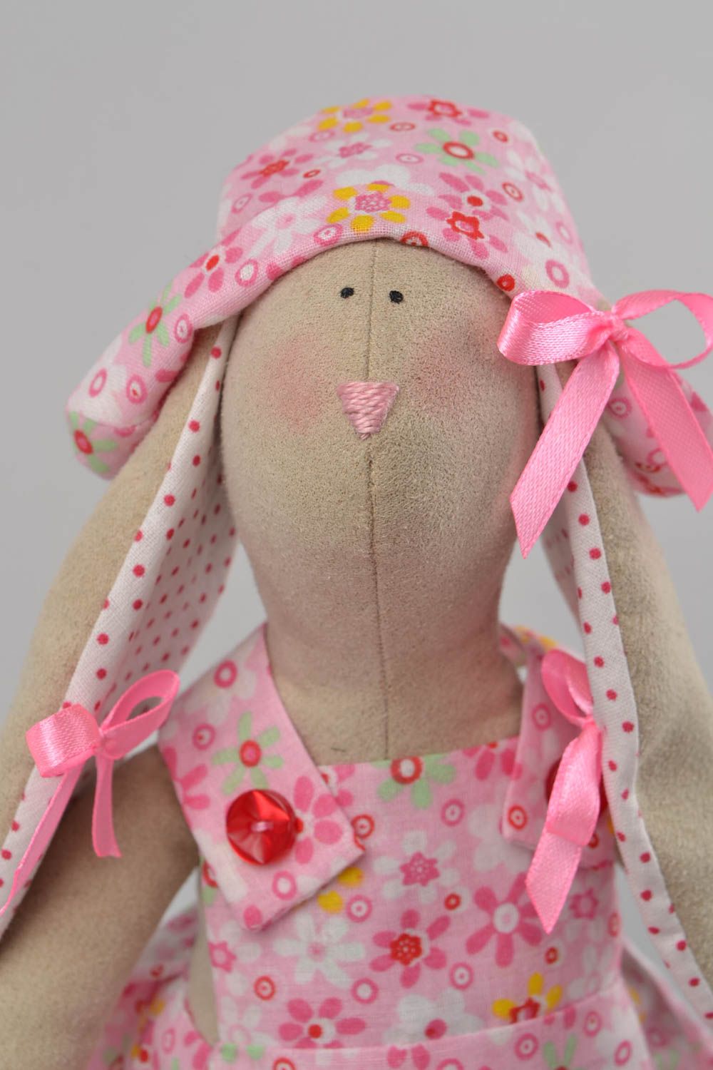 Handmade designer fabric soft toy rabbit in pink dress and hat for interior  photo 4