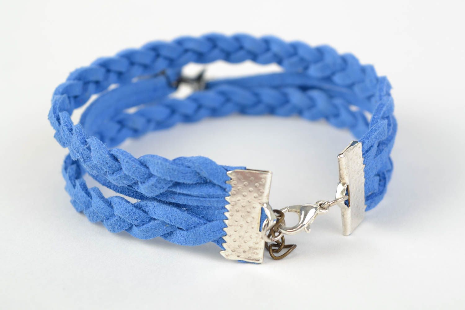 Bright blue handmade woven suede bracelet with charm in the shape of plane photo 4